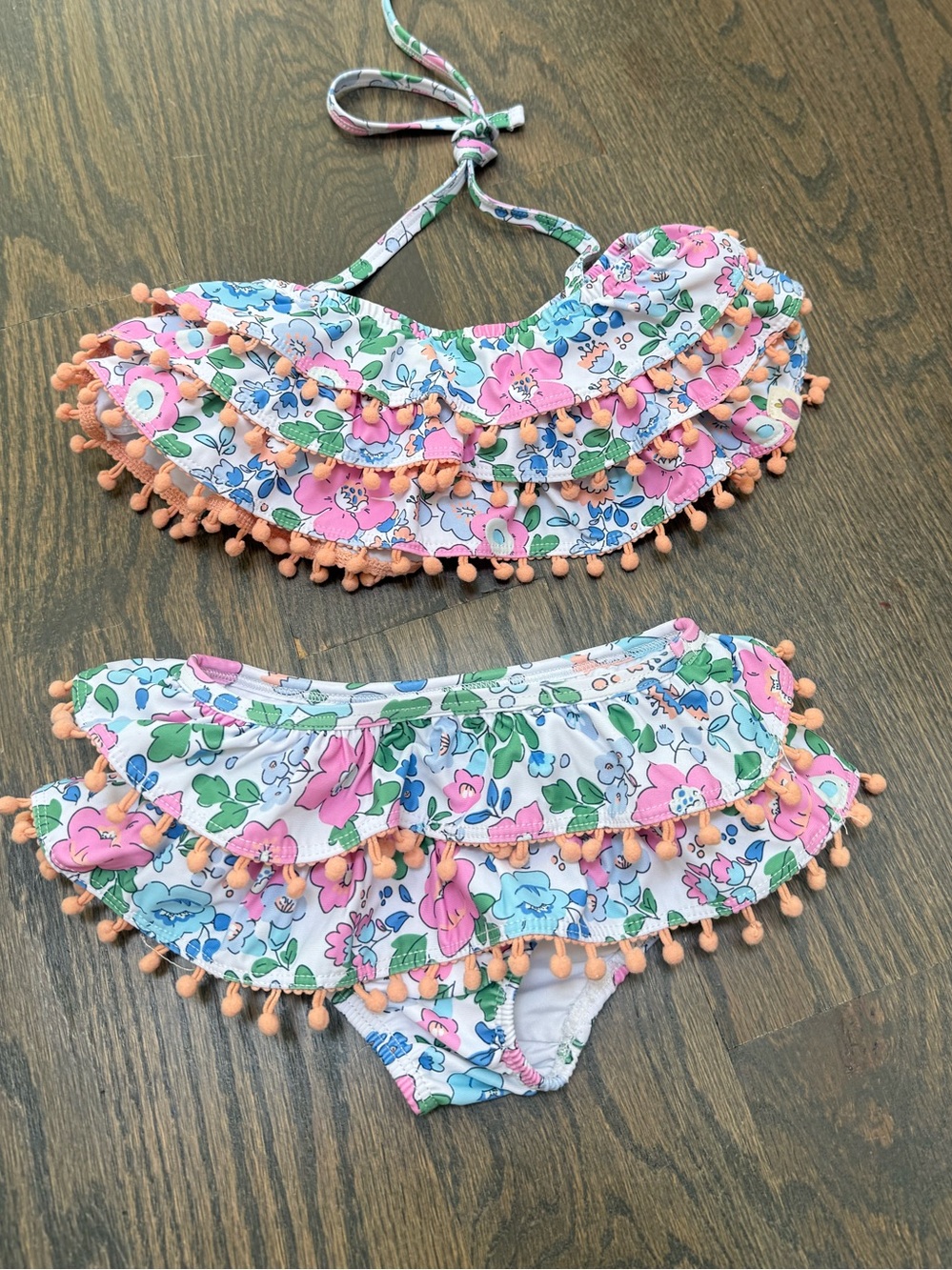 cheeky plum White Floral Ruffle Bikini with Pink and Blue Accents